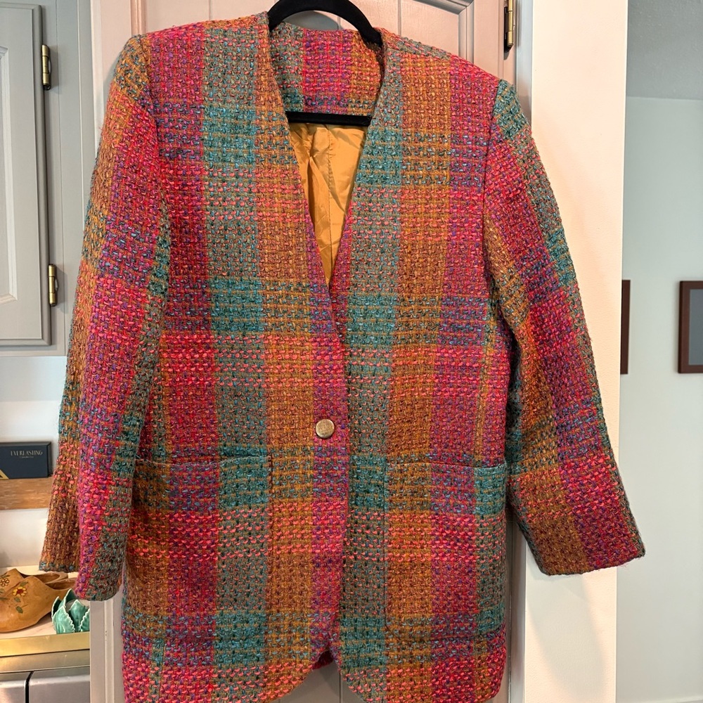 VTG Wool Tweed Blazer, Single button, Front Pockets, Size M, P2P 19”